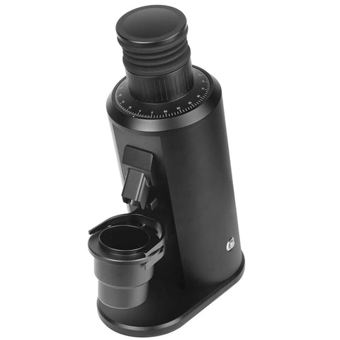 Badass 80mm Flat Burr Electric Coffee Bean Grinder With Straight Up Stepless Control And Rapid Brushless Motor For Seamless Daily Espresso Pulls And Relaxed Weekend Sips Black, top view showing the stepless dial and coffee outlet.