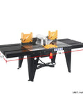 Heavy Duty Benchtop Router Table Featuring Extra Wide Extension Wings And Adjustable Retractable Guard For Smooth Routing, 34 x 15 inch, steel frame.