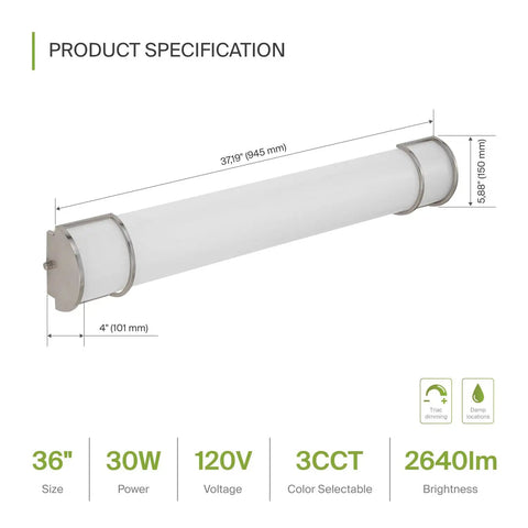 Lit 36 Inch Vanity Light Fixture For Your Bathroom, Linear LED Bar With 3CCT Dimmable Lighting, Energy Star ETL Listed, 30W 2650LM, 3000-5000K, 120V, Long Tube Wall Sconce Over Mirror In Nickel Finish