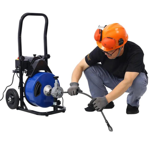Heavy Guts Commercial Drain Auger Electric Snake With Sixty Feet Of Half Inch Cable Four Rotating Cutters and Quick Step Foot Switch in use.