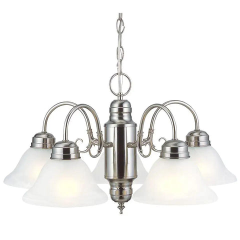 Five Light Chandelier In Satin Nickel With Alabaster Glass Shades Dimmable Fixture For Dining Room Foyer Or Kitchen Adjustable 48 Inch Chain