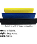 Three silicone paddle blade tip protectors in yellow, blue, black for dragon boat paddles, lightweight, 18cm length.