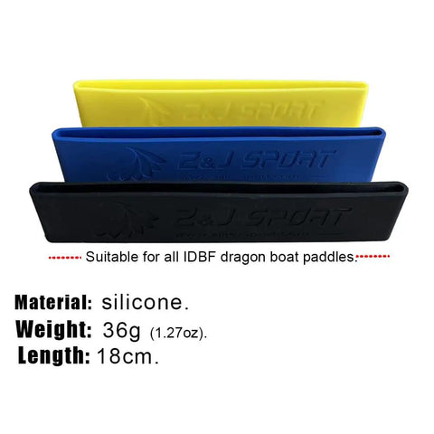 Three silicone paddle blade tip protectors in yellow, blue, black for dragon boat paddles, lightweight, 18cm length.