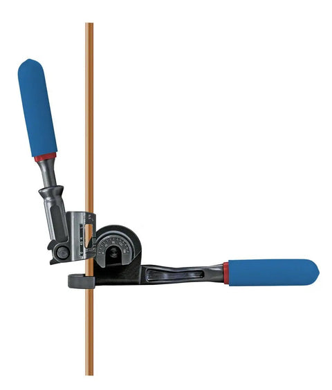 Triple Head 180 Degree Tube Bender With Roto Lok Indexing Handle bending copper tubing, showing integrated markings.