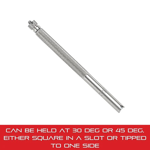 Stainless Steel Gauge Holder For 423 Small Steel Rules 4 Inch Long Two Slot Design For Easy Readability showcasing two slots at an angle.