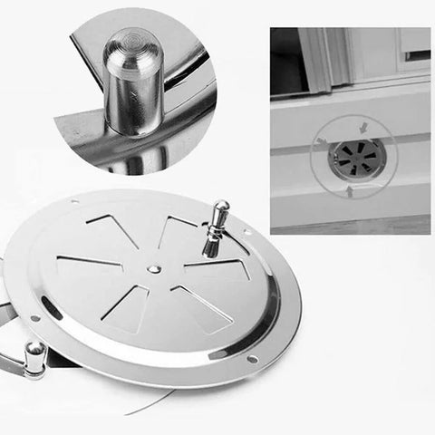 Front view of Amazon 5-inch marine-grade 316 stainless steel air louver vent with side-knob opening.