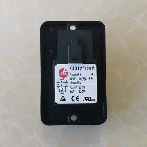 Emergency Stop Pushbutton Switch 120V 16A Waterproof IP54 With Undervoltage And Overload Protection, rear view showing technical specifications.