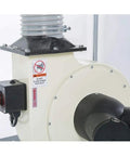 Closeup of Hella Solid Two Horsepower Dust Collector, featuring control switch and suction port with warning label.