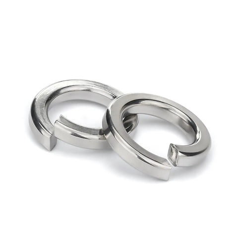 Assorted Stainless Steel Lock Washers Kit M1.6 To M27 A2 304 Grade Split Spring Washers For Auto Enthusiasts, Machinery, And DIY Projects, Easy Install, No Tools Needed, Durable, Surface Safe, Great For Automotive And Gearhead Projects. Close-up of two A2 304 stainless split spring lock washers