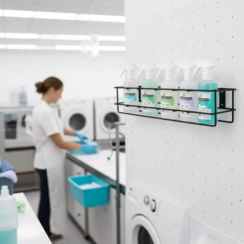 Wall Mount Spray Bottle Rack For Up To Five 32 Oz Bottles, Tough As Nails Heavy Duty Steel Holder in a laundry room setting.