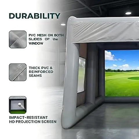 Inflatable Golf Practice Cage 5m L By 4m W By 3.3m H showing PVC mesh, reinforced seams, HD projection screen in indoor setting