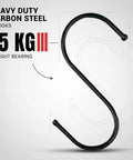 Close-up of a heavy duty black S hook made of carbon steel, with a 15 kg weight bearing capacity, part of a 30 Pack Black S Hooks For Hanging Plants And Kitchenware, Heavy Duty Metal S Hooks For Pots Utensils Clothes And Bags, Durable Rust Resistant, Fits Most Rods And Racks, Boss Level Organization.
