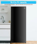 16.4 Cu Ft Convertible Refrigerator And Upright Freezer Energy Star Certified Auto Defrost Reversible Door Adjustable Glass Shelves Black Finish front view in kitchen.