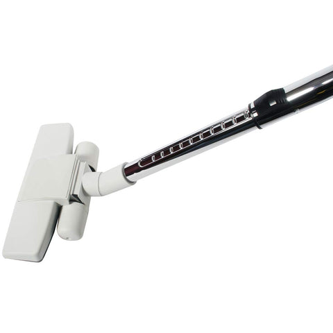 Close-up of chrome telescopic wand with floor brush from Central Vacuum Low Voltage Kit With 35 Ft Light Gray Hose 360 Degree Swivel Handle On Off Control Lightweight Crushproof Hose That Resists Kinking And Wont Mark Floors Or Furnishings Easy Install.