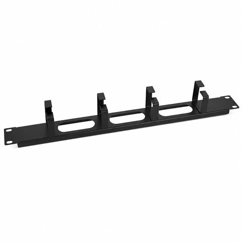 1U 19 Inch Server Rack Cable Management Panel Heavy Duty Steel Horizontal Patch Cord Organizer in black, with four ring pass-through slots.