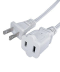 Short White Indoor Extension Cord Two Foot, Polarized 2 Prong NEMA 5-15P to 5-15R, Outlet Saver Power Cable, close-up view of plug and socket ends