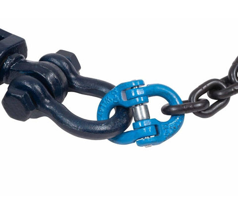 Close-up of 4 Ton Snatch Block With Swivel Shackle And 4.5 Inch Sheave, blue connector and chain detail