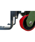 Close-up of Beast Of A Heavy Duty Hydraulic Machinery And Equipment Mover with adjustable forks and swivel PU-on-steel wheels.
