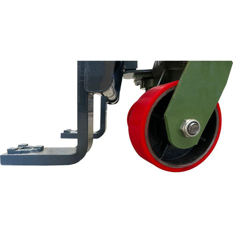 Close-up of Beast Of A Heavy Duty Hydraulic Machinery And Equipment Mover with adjustable forks and swivel PU-on-steel wheels.