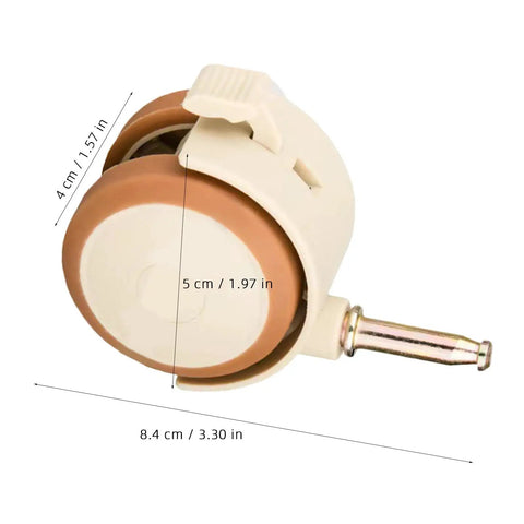 4pcs PU Grip Neck Stem Casters for Nursery Carts and Bookcase, 4cm height, brown rubber wheel, measuring 8.4cm total.