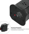Ditch The Clutter With This Badass Smart Tower Surge Protector showing overload protection button and safety features.