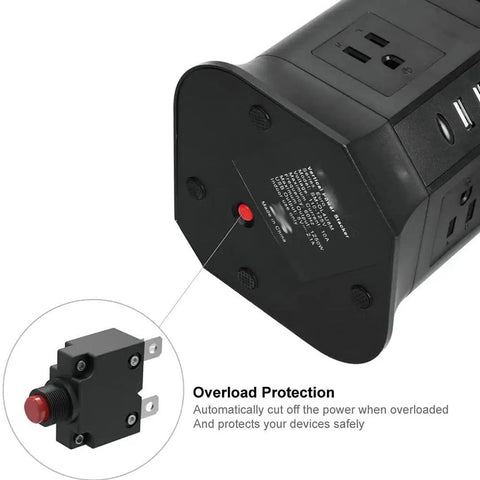 Ditch The Clutter With This Badass Smart Tower Surge Protector showing overload protection button and safety features.
