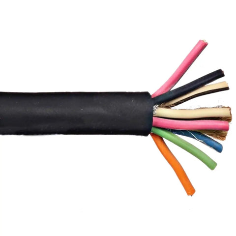 16/8 SOOW Portable Cable 600V Black 150 Ft 8 Conductors Industrial Grade Heavy Duty Power Wire With 7 Amp Capacity Flexible PVC Insulation Rugged Outdoor Indoor Use For Tools Equipment And Machines exposed colored conductors, black jacket