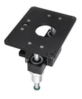 Heavy Aluminum Router Table For Tenoning And Grooving Black woodworking fence jig top view with mounting holes and guide tubes.