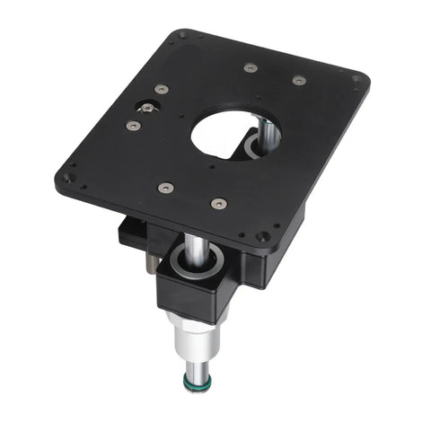 Heavy Aluminum Router Table For Tenoning And Grooving Black woodworking fence jig top view with mounting holes and guide tubes.
