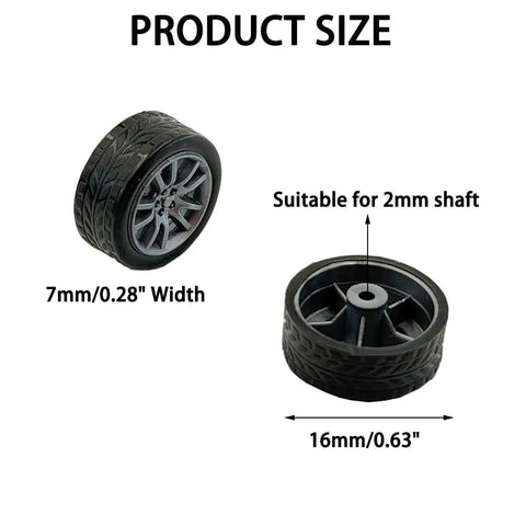 RC Car Wheel Set 30 Small Rubber Wheels With 15 Round Shafts Axles For RC Cars Trucks Robots DIY Model Toy Building Project Silver 2x16mm, showing 16mm diameter and 7mm width rubber wheels, suitable for 2mm shaft.