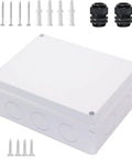 Heavy Duty Junction Box With Ten Open Slots IP65 Waterproof Dustproof ABS Plastic Project Enclosure Wall Mount Electrical Panel For Diy Guys And Pros With No Sweat Install White on a work surface with screws and accessories.