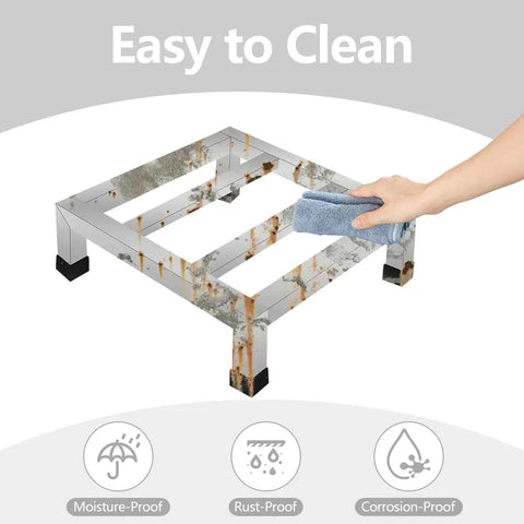 Close-up of easy-to-clean 3 Pack Stainless Steel Dunnage Rack Set With Over 1000 Pound Capacity No Assembly Floor Shelves for kitchen use.