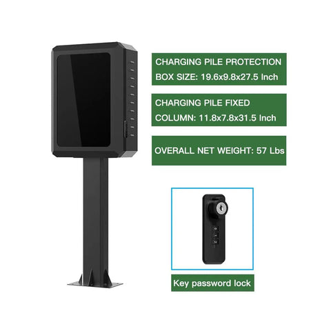 Slick Heavy-Duty EV Charger Enclosure With Pedestal Post, weatherproof lock box, black, 19.6x9.8x27.5 Inch, secure design.