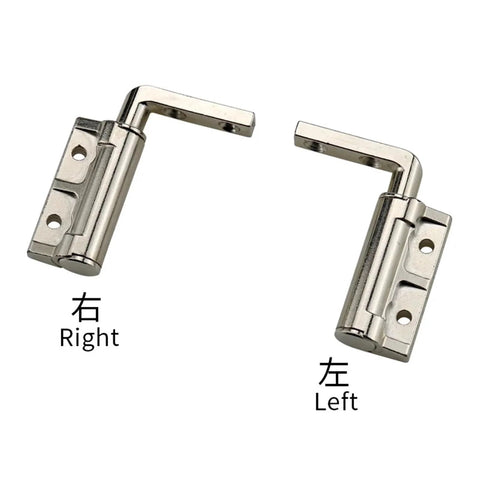 Two L-shaped damping cabinet hinges, left and right, silver metal finish.
