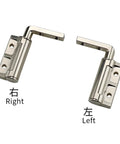 Pair of L-shaped damping hinges in silver metal with mounting holes; includes right- and left-hand versions.