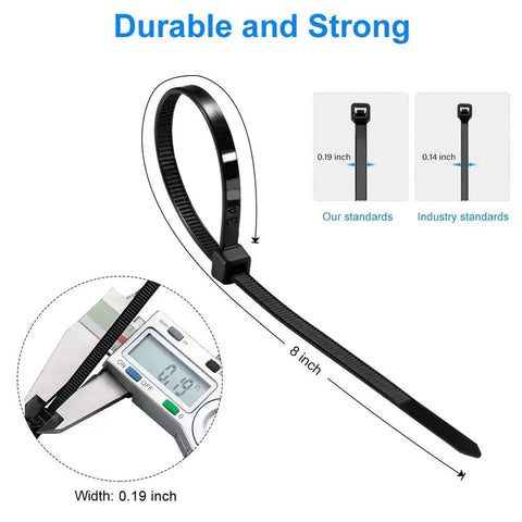 8 Inch Black Zip Ties Heavy Duty 50 Pound Tensile Strength 100 Pack Industrial Grade Cable Ties UV Resistant Nylon 66