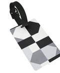 Compact Black And White Piano Grid Print Luggage Tags With Personalized Name Tags For Slick Travel Setup and No Sweat Baggage Identification Road Trip Ready Gear Making Finding Luggage A Breeze, showcasing heavy-duty PVC material and black strap.