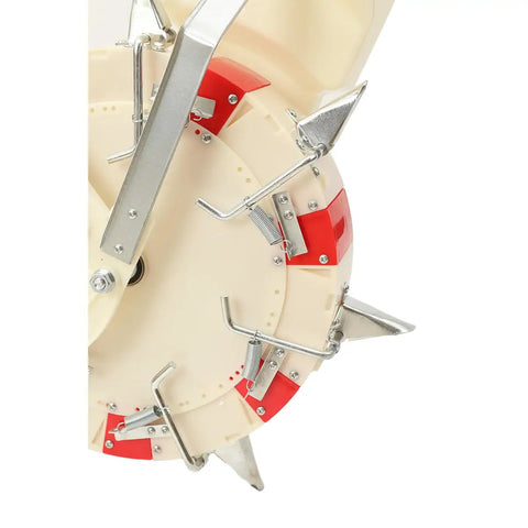 Close-up of the nozzle mechanism on a Manual Hand Push Seed Seeder With 7 Nozzles Adjustable Depth And Spacing Precision Planter