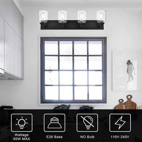 Black Vanity Lights 4-Light Modern Farmhouse Wall Fixtures With Seeded Glass Shades over window in modern kitchen.