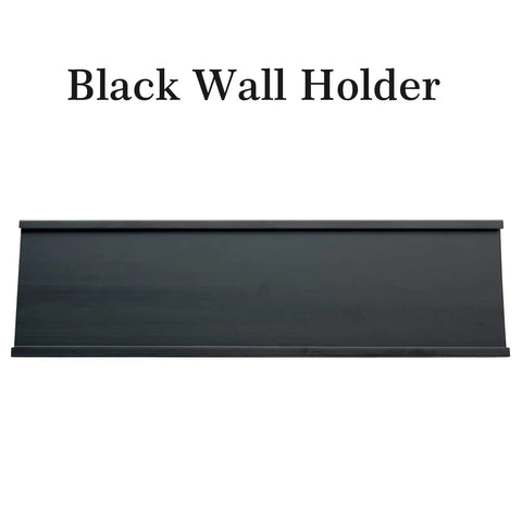 Custom Aluminum Name Plates 2x8 For Desk And Wall With Optional Logo And Text Personalization In Silver Or White Finish showing black wall holder