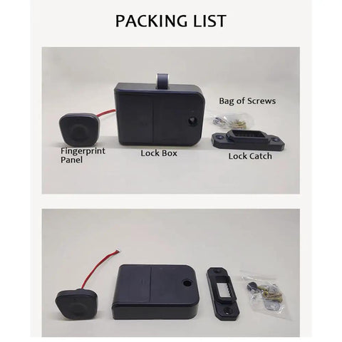 Smart Biometric Cabinet Lock With Fingerprint Access And Bluetooth App Control packing list with lock box and accessories