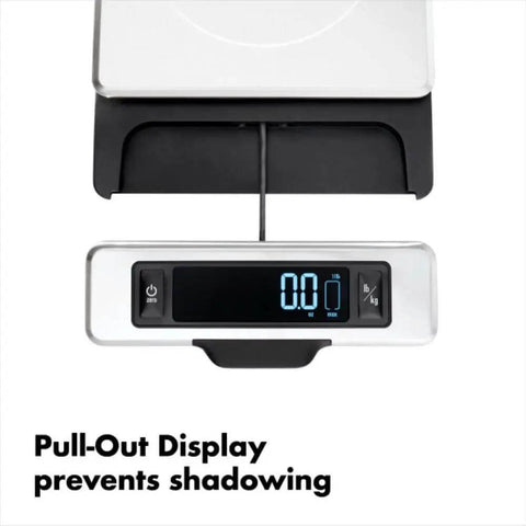 Stainless Steel Kitchen Scale With Pull Out Display, 11 Pound Capacity, Big Digital Readout, showing pull-out display feature