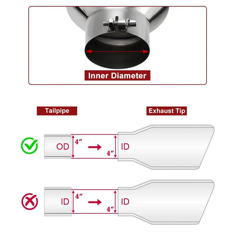 Diagram showing 4 Inch Inlet To 8 Inch Outlet Stainless Steel Exhaust Tip 15 Inch Bolt On Tail Pipe With 45 Degree Angled Cut Universal Fit