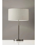 Hayworth Table Lamp With White Linen Drum Shade And Brushed Steel Finish 22 Inch Tall Pull Chain 150 Watt Incandescent Or 150 Watt CFL Compatible