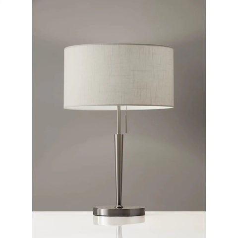 Hayworth Table Lamp With White Linen Drum Shade And Brushed Steel Finish 22 Inch Tall Pull Chain 150 Watt Incandescent Or 150 Watt CFL Compatible