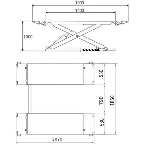 Heavy Hitter Portable Mid Rise Scissor Lift Built Like Tank Rock Solid 7000 Lb Capacity dimensions diagram for maintenance use