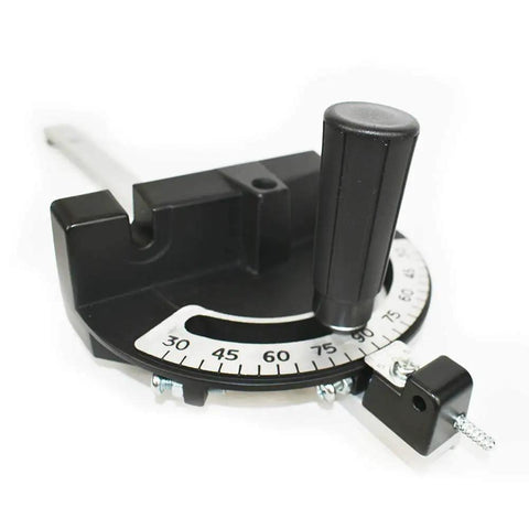 Rock Solid Tablesaw Miter Gauge Featuring Positive Stops And Heavy Duty Die Cast Zinc Alloy Rail For Bangin Accuracy On Standard 3/4 X 3/8 Workbench Slots Max At 90 Degrees close-up view with angle settings.