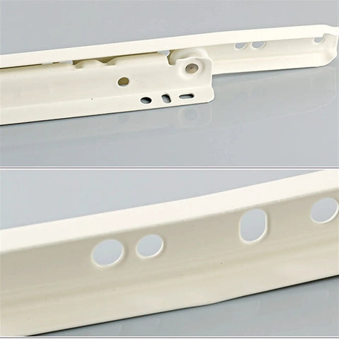 Close-up of a white steel Heavy Duty Drawer Slides And Cabinet Rails Set for Smooth Sliding Thickened Keyboard Tray and Computer Table Chute.
