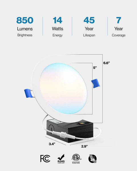 Ultra Slim 6 Inch LED Recessed Downlights Kit With Junction Box, 16 Pack, Dimmable 850 LM, Tunable From 2700K To 6000K, Canless Wafer Thin, 14W Equals 100W, ETL Listed, Long Lifespan 50000 Hours, illustration showing dimensions and specs with junction box.