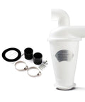 Turbo Cyclone Dust Collector For Vacuum Cleaners kit with fittings and clamps, white heavy-duty cyclone system for industrial use.